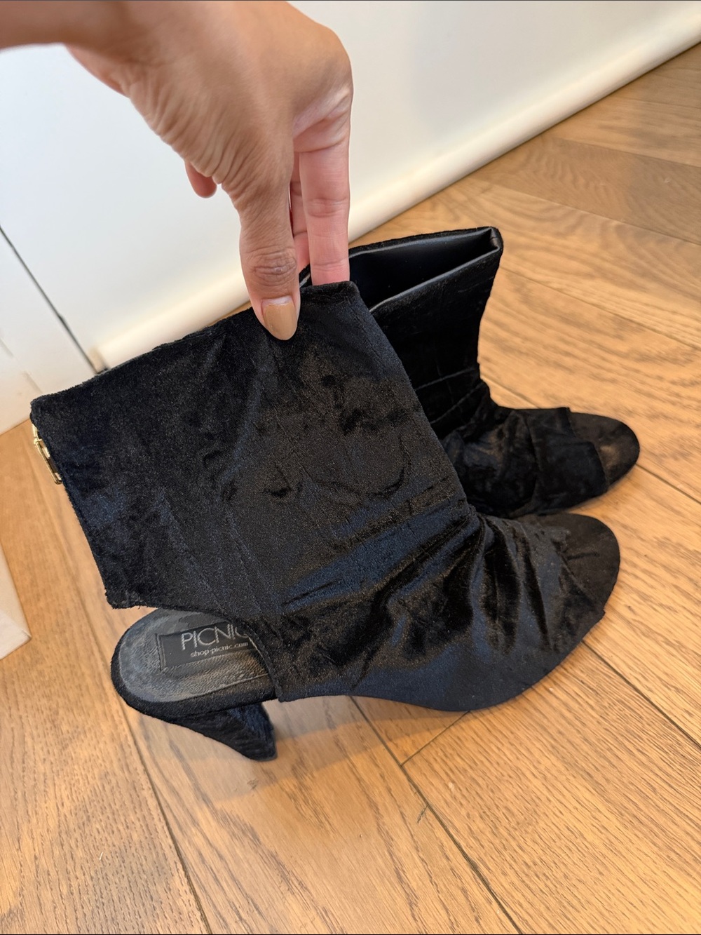 Black Velvet Mid-Heel Peep Toe Ankle Boots